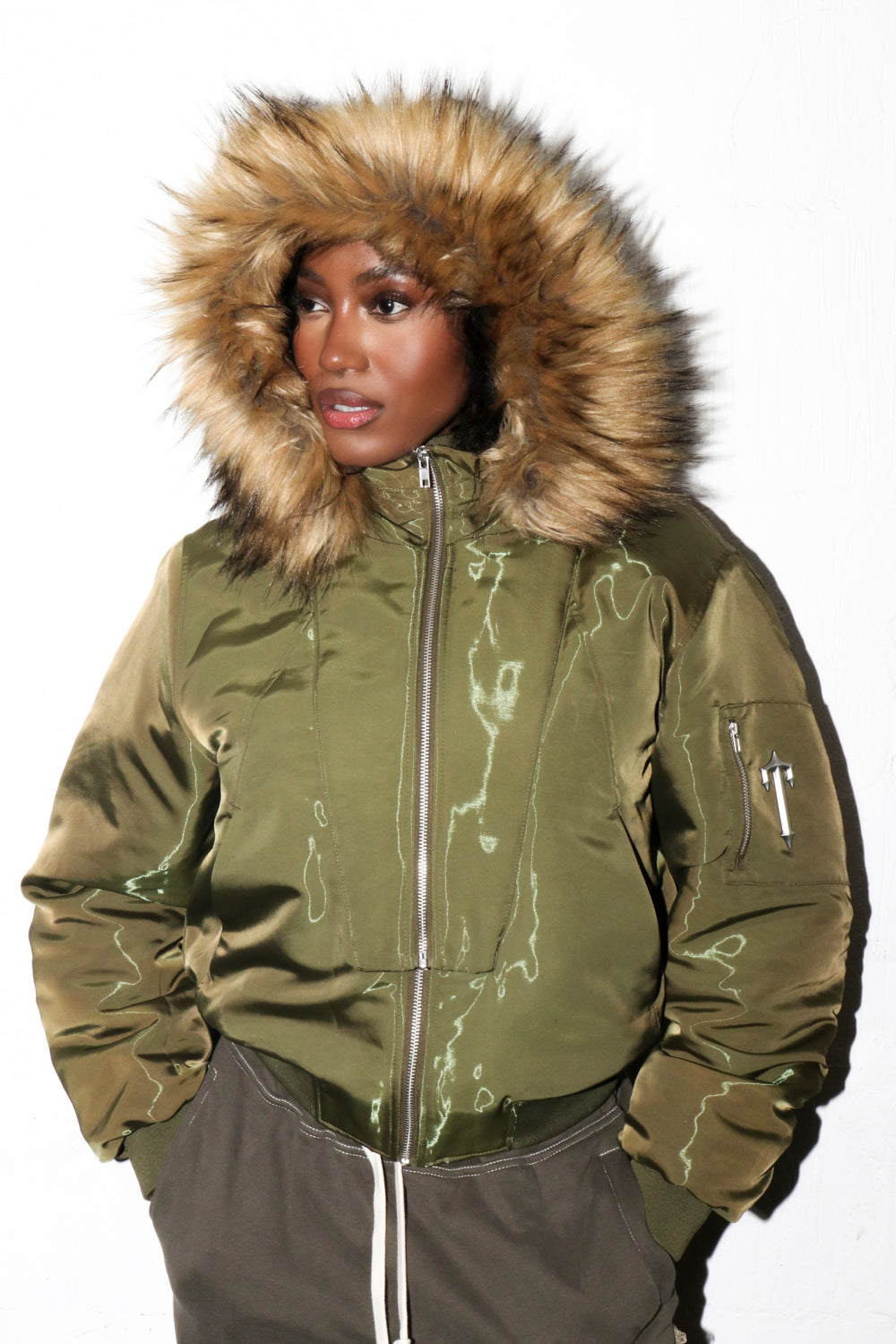 Trapstar Script Fur Hood Bomber Jacken Damen Khaki Schweiz | XHOWKA519